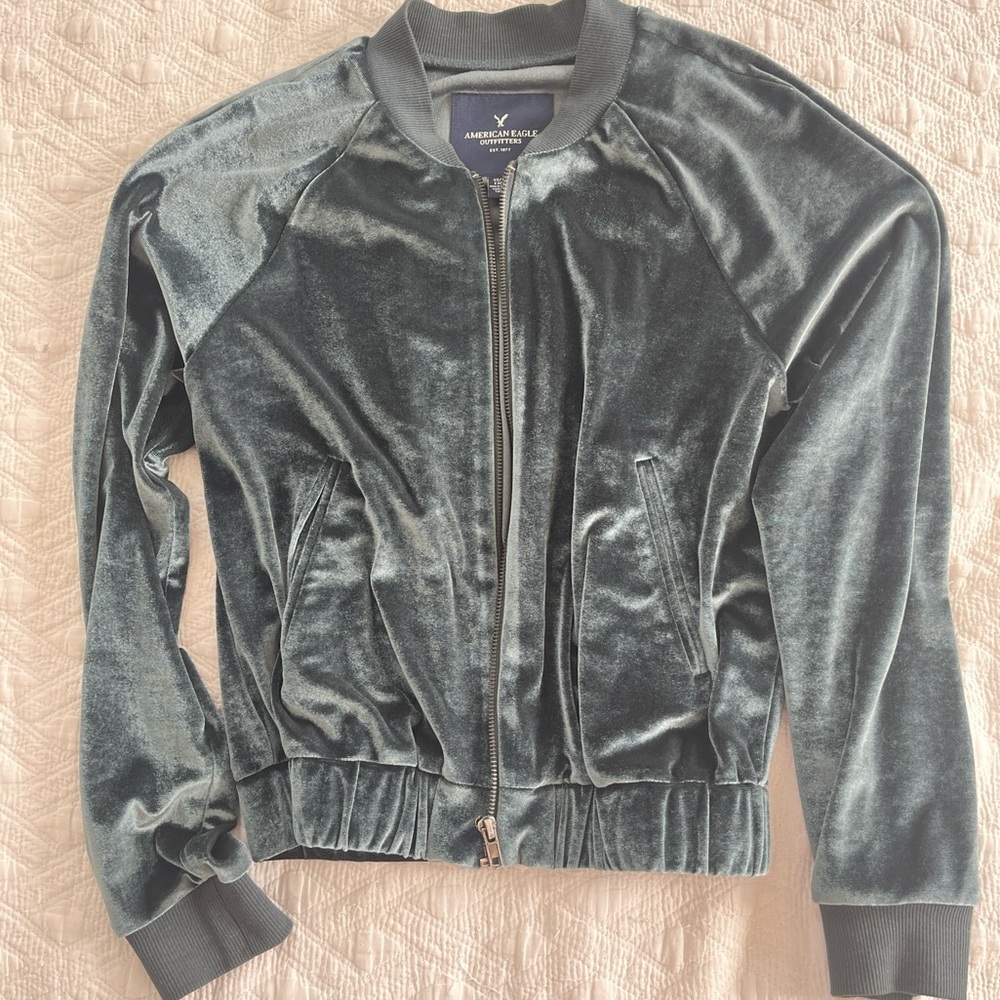American Eagle Outfitters Velvet Bomber Jacket - blue/green/gray
